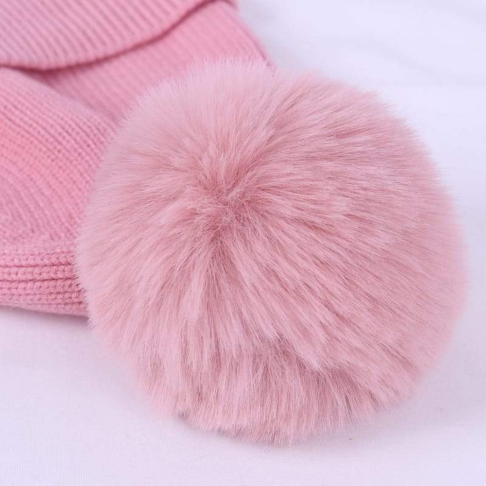 Women's Pink Knit Hat With Pom Pom & Matching Mask - Picture 2 of 13